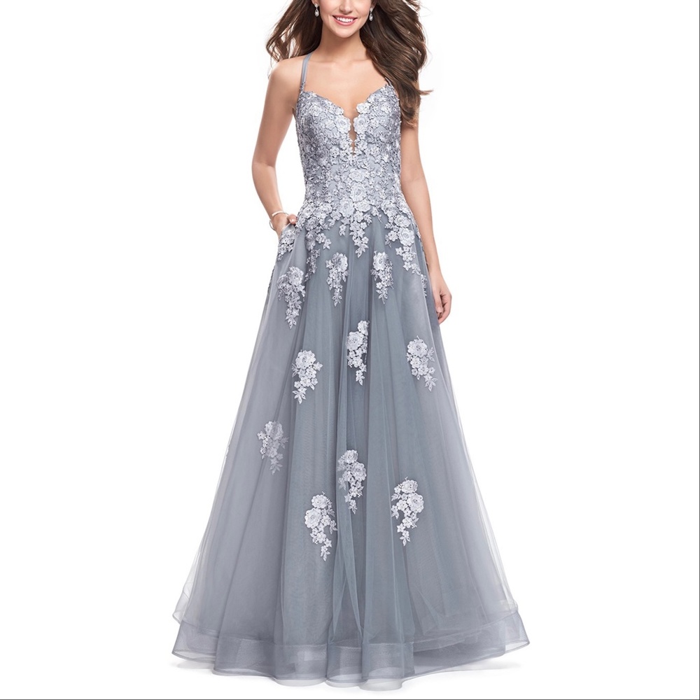 NEW La Femme 26236 Floral Lace Tulle Skirt Gown, Size 0